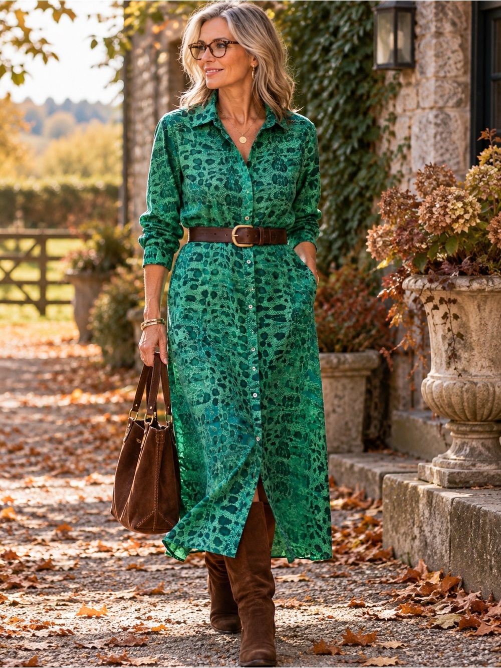 Italian Linen Button Front Shirt Dress Green Snakeskin Print Size S